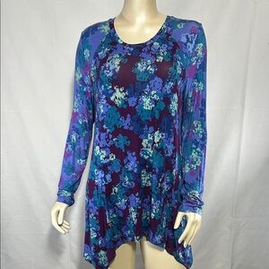 Women's Top LOGO Lori Goldstein blue and purple floral tunic large long sleeve